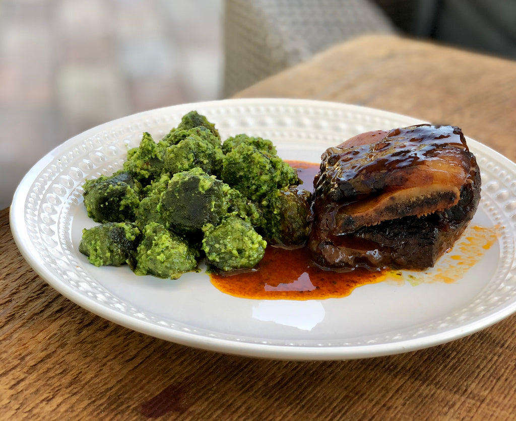 Beef Short Ribs with Walnut Pesto Kale Gnocchi – Nut Crumbs